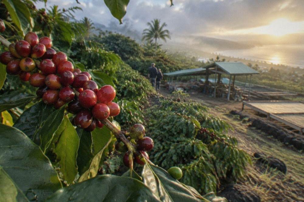 Red coffee cherries clustered on a branch in morning light