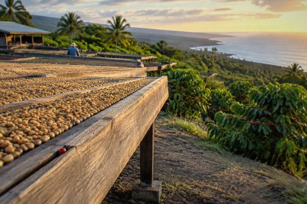 Sun-drying deck with coffee beans spread in thin rows