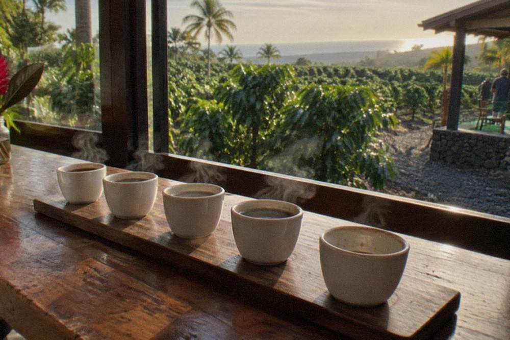 A coffee farm tasting bar with a row of cups and a view of the orchard behind