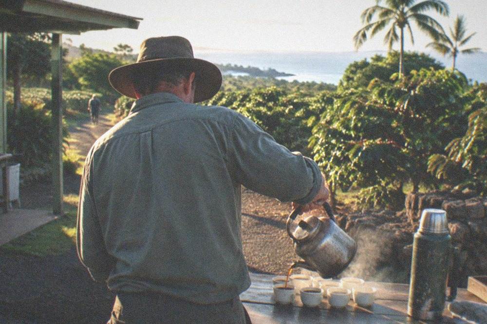 A farmer pouring coffee from a kettle into tasting cups at an outdoor farm table
